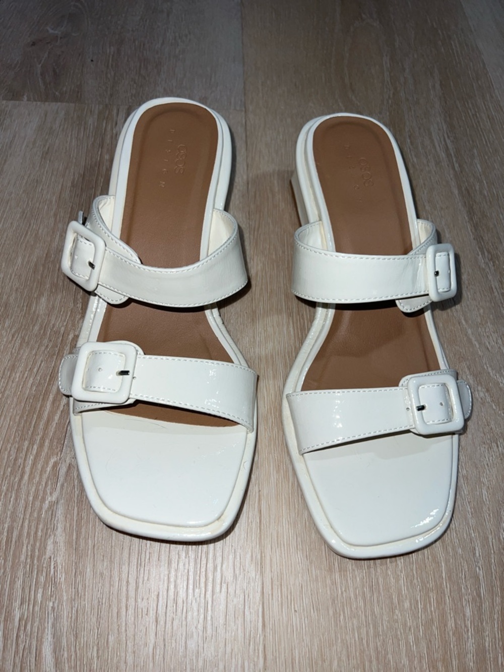 ASOS White Double-Buckle Slide Sandals with Square Toe